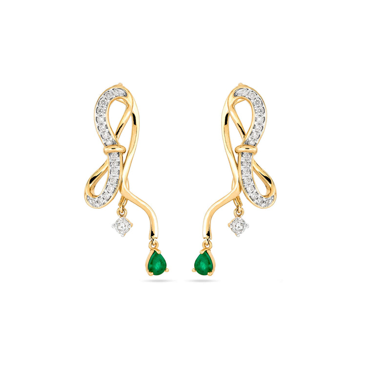 Stone and Strand 14K Yellow Gold Bow Nouveau Diamond and Emerald Gala Earrings Front Image