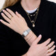 Model wearing White Diamond Bezel Eternity Band with solid gold Stone and Strand jewelry